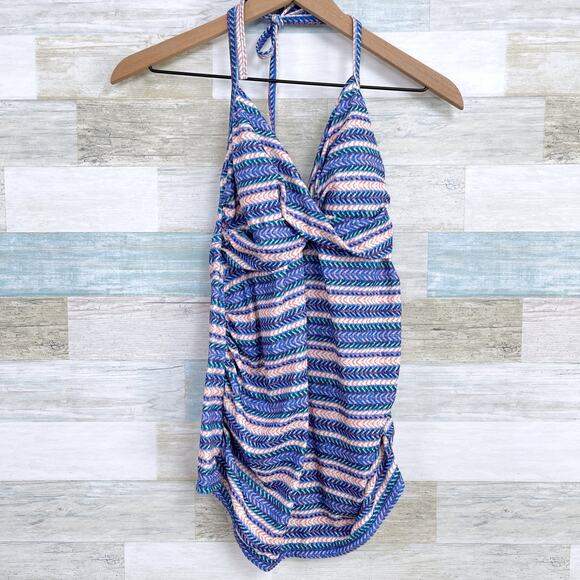 Liz Lange Maternity Striped Tankini Swim Top Blue Halter Ruched Womens Small - Picture 1 of 6